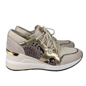 Michael Kors Liv Logo Trainer Extreme Wedge Ivory Brown Gold Womens Shoes Sz 8.5
